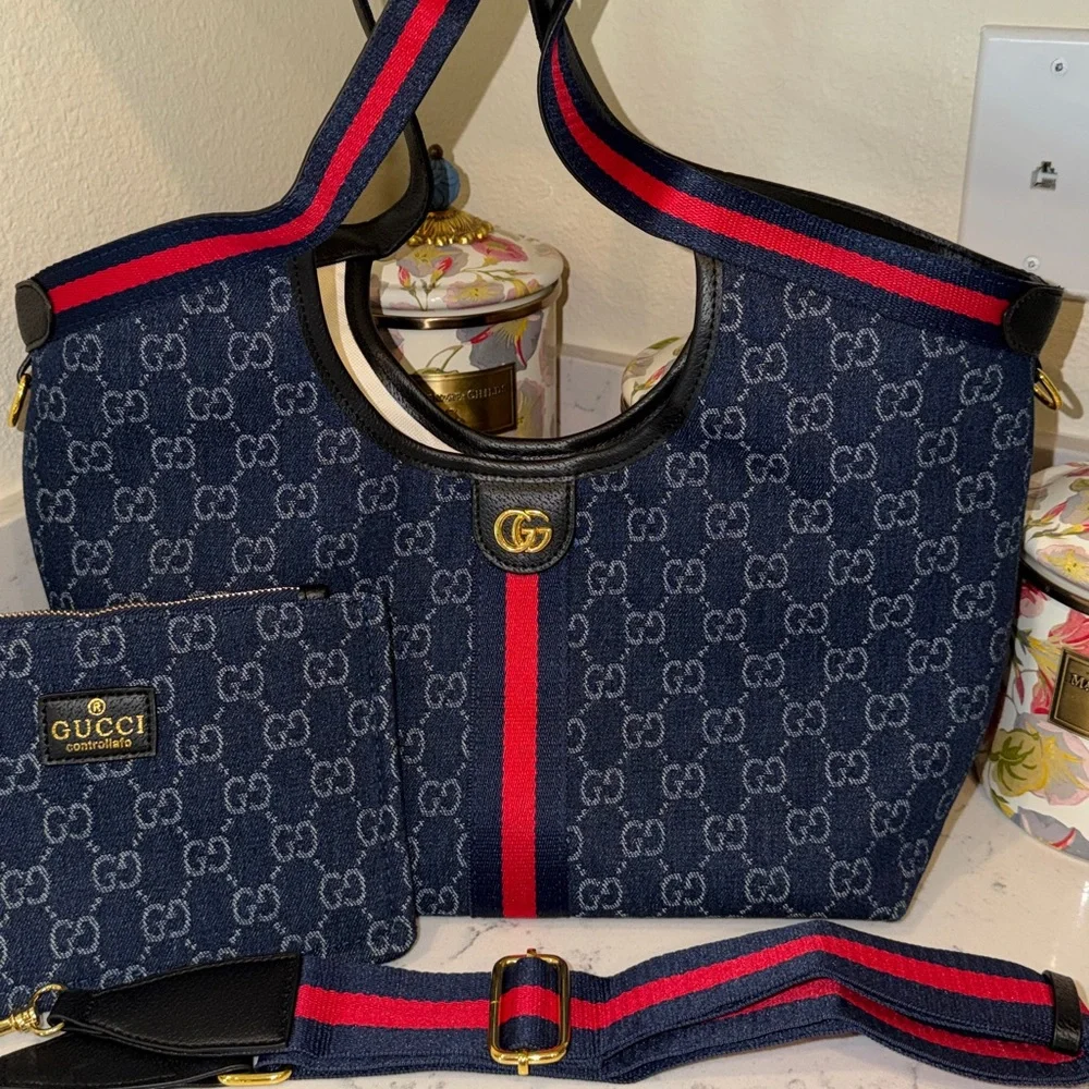Gucci Blue GG Canvas Tote with Red and Navy Stripe